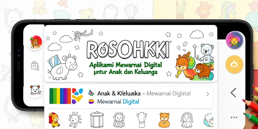 Antarmuka ROSOHOKI yang ceria dan interaktif untuk mewarnai.